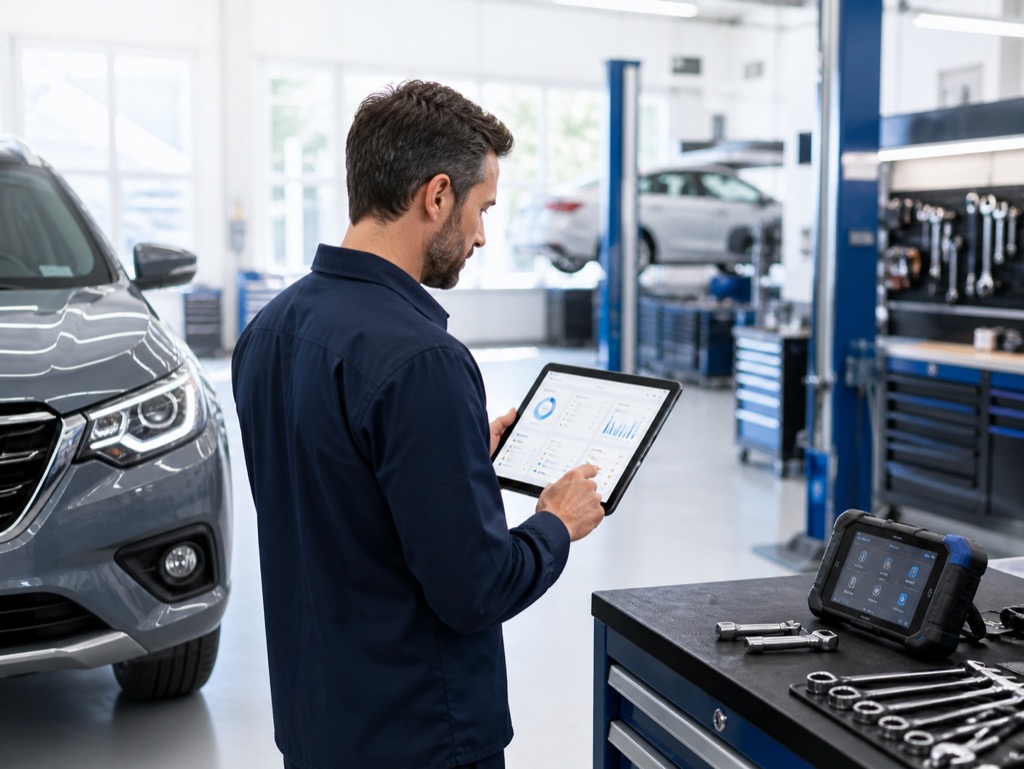 Mechanic using Easy Auto Service on a tablet in the workshop